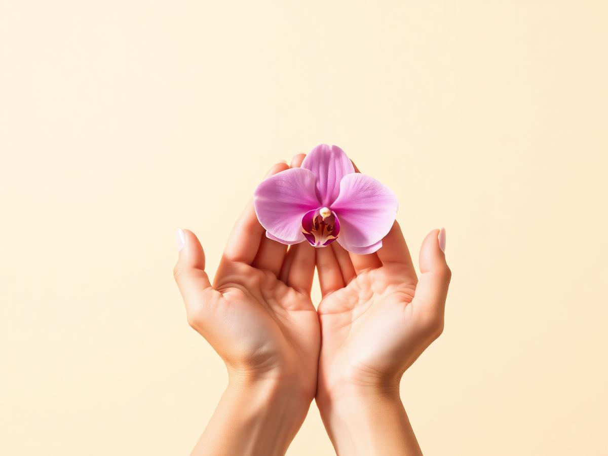 Manos sosteniendo una flor rosa